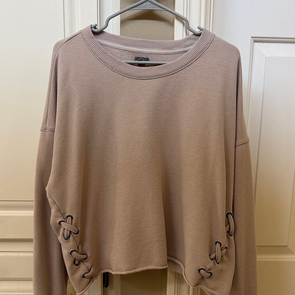 aerie Tops - aerie Distressed Lace-Up Side Crewneck Sweatshirt in Taupe